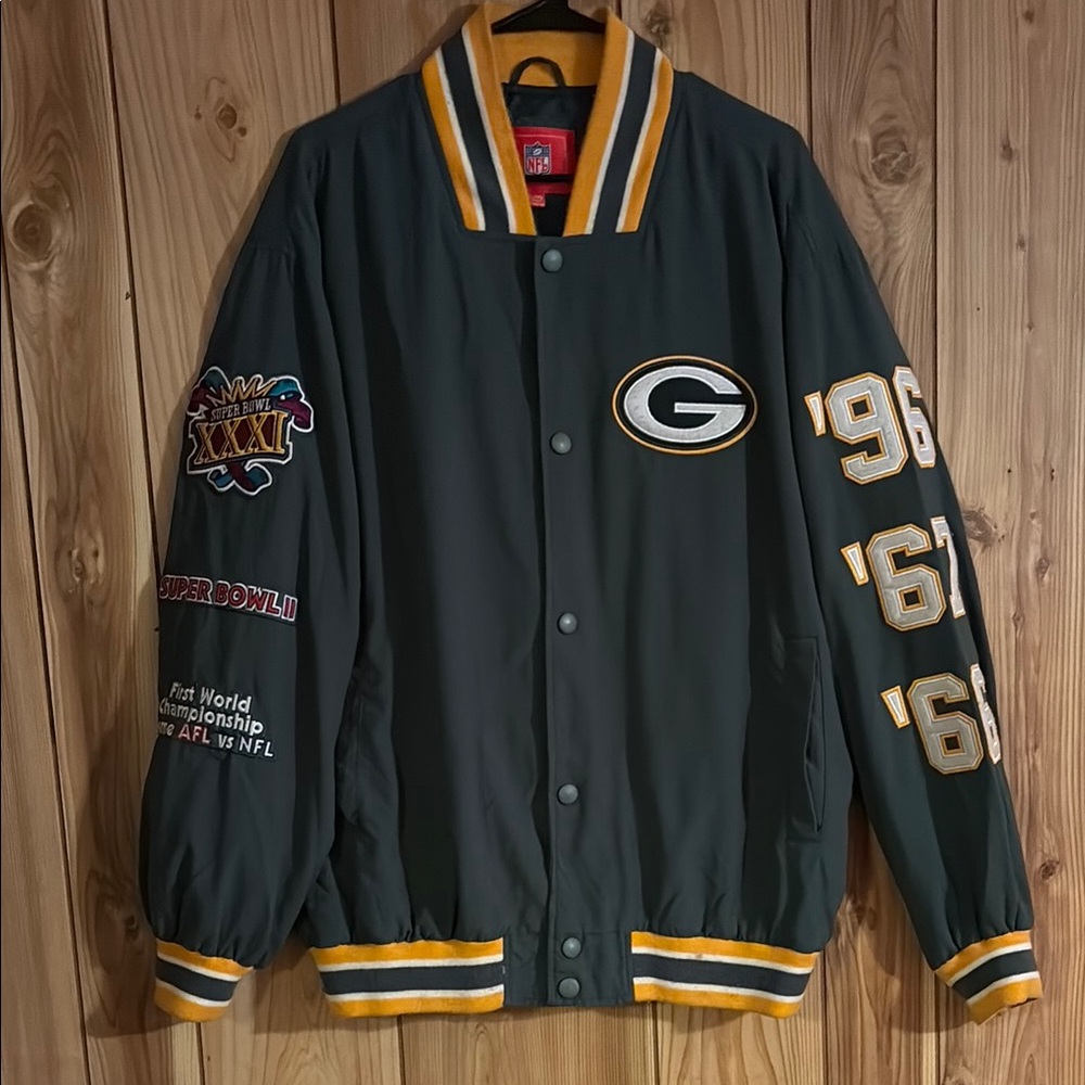 Green and Yellow Varsity Bomber Jacket with Packers Logo